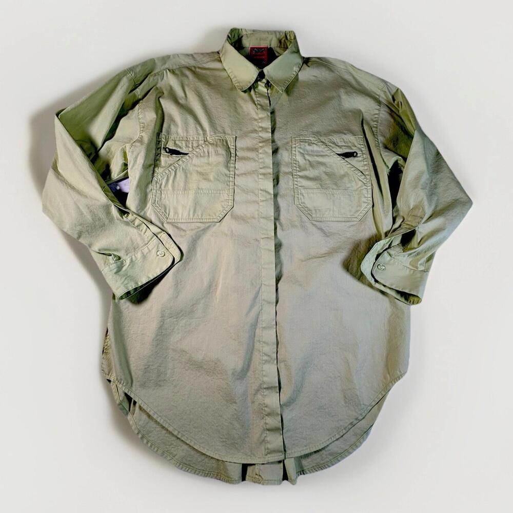 SIMON CHANG Womens 12 Green Long Sleeve Button Front Collar Shirt Zippers ( A26)